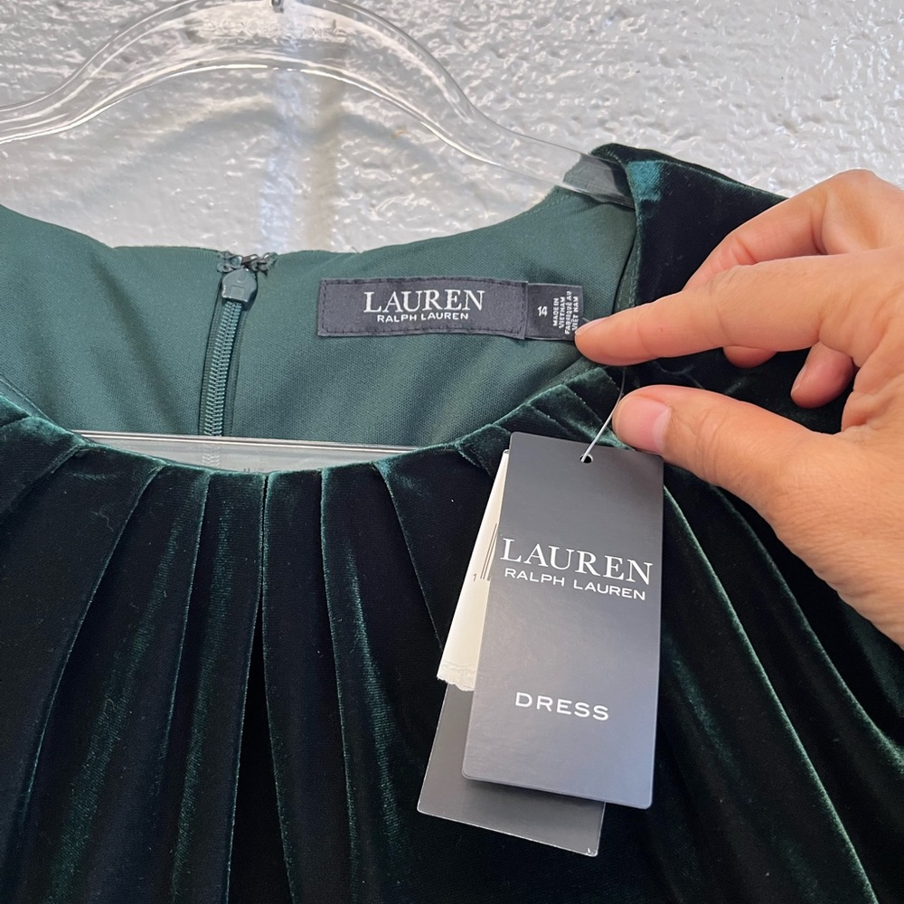 Ralph Lauren LAUREN Green Velvet Ruched Dress Sz. 14 NWT - Picture 6 of 12